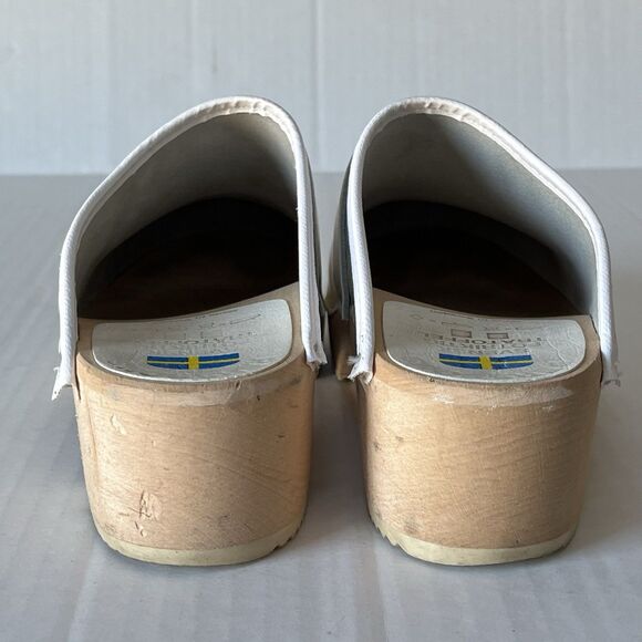 Swedish Svensk Fotriktig Tratoffel White Leather Floral Slip On Wooden Clogs 37 - Picture 9 of 11